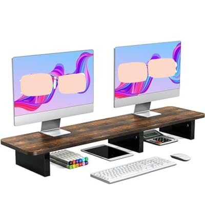 carpentray Solid Wood 100cm Monitor Stand Riser, Large Wood Computer Monitor Riser, Extra Long Monitor Stand for 2 Monitors with Storage for Office Accessories(Rust Brown) - Image 1