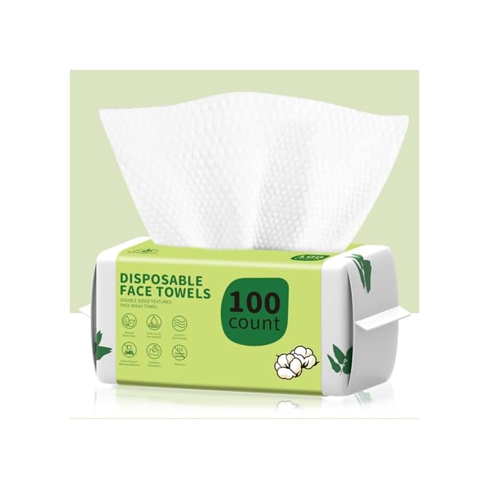 Disposable Face Towels 100 Count, Biodegradable Ultra Soft & Thick Facial Towels for Sensitive Skin, Lint-Free Makeup Remover Dry Wipes, Multi-Purpose Cleansing Towelettes for Face Wipes, Skincare