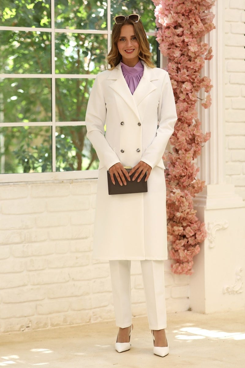 Esilanur Elegant Jacket Trousers Double Hijab Suit Ecru  - Image 1