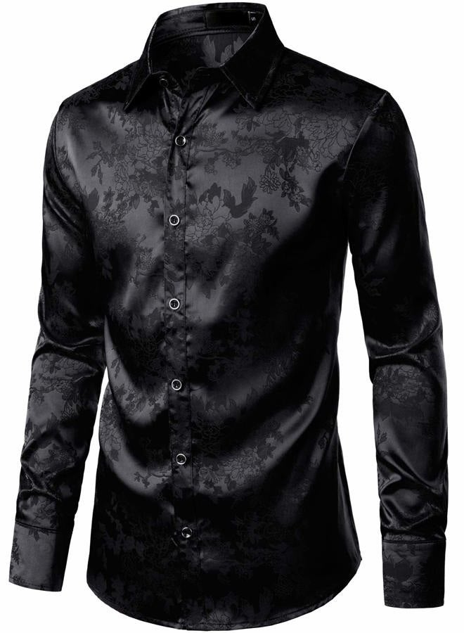 ZEROYAA Men's Shiny Satin Rose Floral Jacquard Long Sleeve Button Up Dress Shirts for Party Prom ZLCL26-Black XX-Large, Black, XXL - Image 2