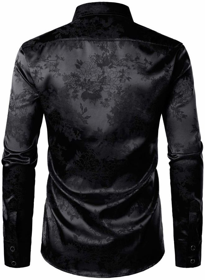 ZEROYAA Men's Shiny Satin Rose Floral Jacquard Long Sleeve Button Up Dress Shirts for Party Prom ZLCL26-Black XX-Large, Black, XXL - Image 3