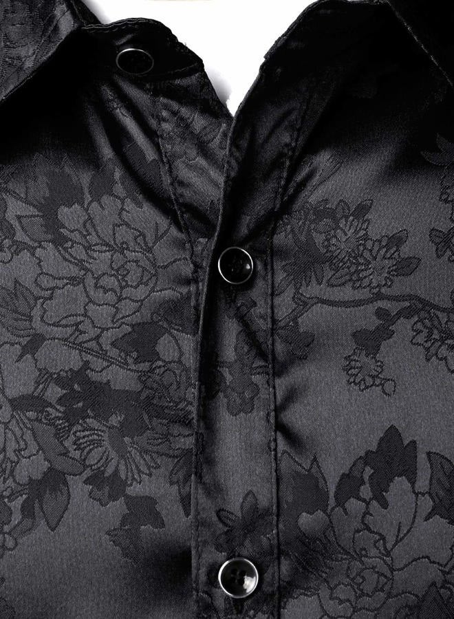 ZEROYAA Men's Shiny Satin Rose Floral Jacquard Long Sleeve Button Up Dress Shirts for Party Prom ZLCL26-Black XX-Large, Black, XXL - Image 4
