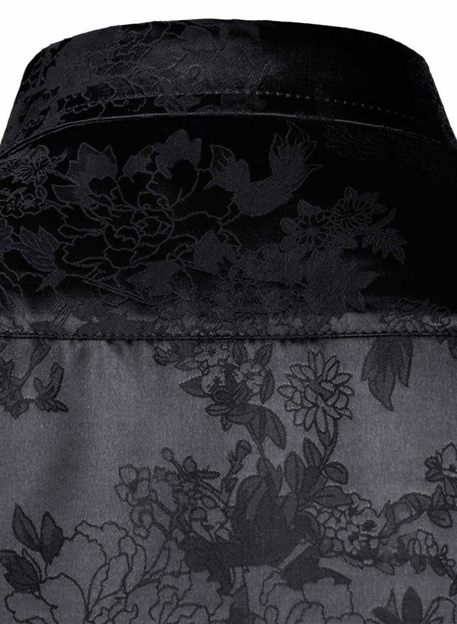 ZEROYAA Men's Shiny Satin Rose Floral Jacquard Long Sleeve Button Up Dress Shirts for Party Prom ZLCL26-Black XX-Large, Black, XXL - Image 5