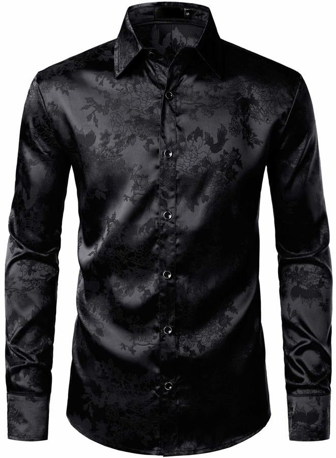 ZEROYAA Men's Shiny Satin Rose Floral Jacquard Long Sleeve Button Up Dress Shirts for Party Prom ZLCL26-Black XX-Large, Black, XXL - Image 1