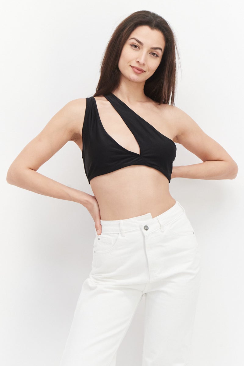PUBLIC DESIRE Women Asymmetric Neck One Shoulder Plain Top, Black - Image 1