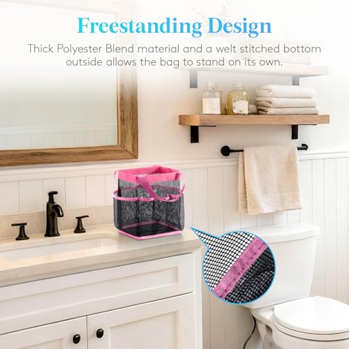 Lifewit Mesh Shower Caddy Portable for College Dorm Room Essentials with 7 Pockets Freestanding Hanging Organizer Basket Quick Dry Tote Bag for Camping Bathroom Beach Travel 1 Pack Pink - Image 3
