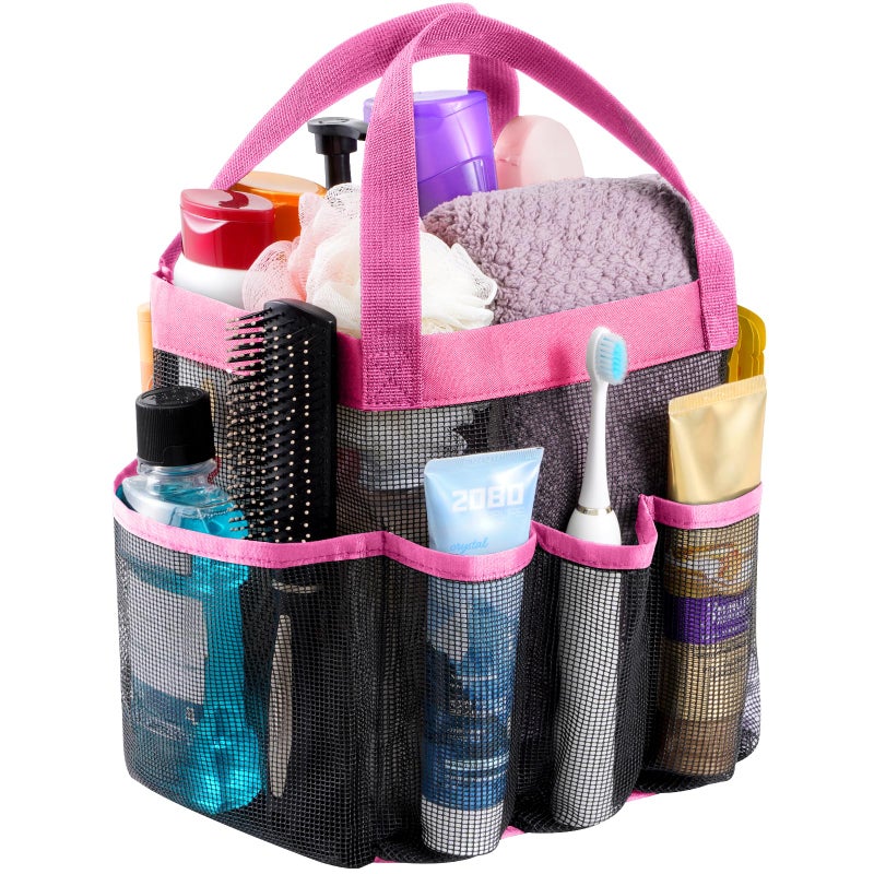 Lifewit Mesh Shower Caddy Portable for College Dorm Room Essentials with 7 Pockets Freestanding Hanging Organizer Basket Quick Dry Tote Bag for Camping Bathroom Beach Travel 1 Pack Pink - Image 2