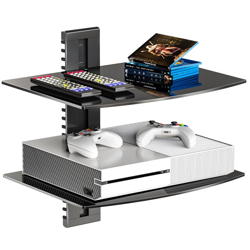 WALI Floating Entertainment Center Shelves Holds Up to 176lbs TV Shelf with Strengthened Tempered Glasses for DVD Players Cable Boxes Games Consoles TV Accessories CS202B 2 Shelf Black