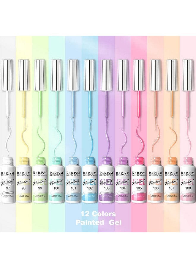RARJSM Nail Art Gel Liner Painting Polish Set12 Pastel Colors Spring Summer Collectionpainted Gel Nail Polish Set Build In Thin Brush Soak Off Curing Requires Salon Diy Nail Design Line Art Gel 8Ml - Image 2