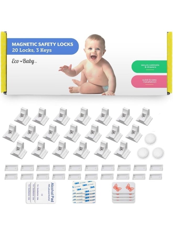Eco-Baby Cupboard Locks for Children - Pack of 20 Magnetic, Child Safety Lock Latches with 3 Keys for Kitchen Cupboards and Drawers - Image 1