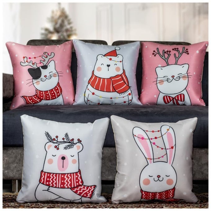 MERRY CHRISTMAS DECORATIVE PRINTED SATIN CUSHIONTHROWPILLOW COVERS MULTICOLOUR SET OF 5 PIECES ARCTIC16 X 16 INCHES
