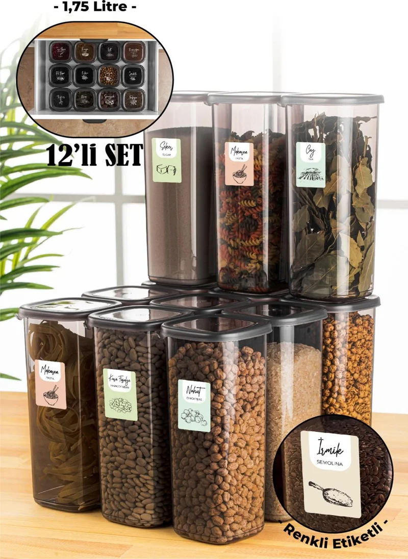 Vienev Colorful Labeled Peggy Square Food Storage Container Anthracite 1.75 lt 12-pack