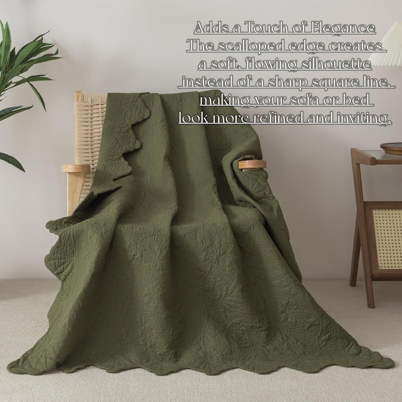 Brandream Olive Green Scalloped Edge Quilt Cotton Quilted Throw Blanket for Bed Couch Daybed 47 X 60 Inch Decorative Throw Blankets - Image 4