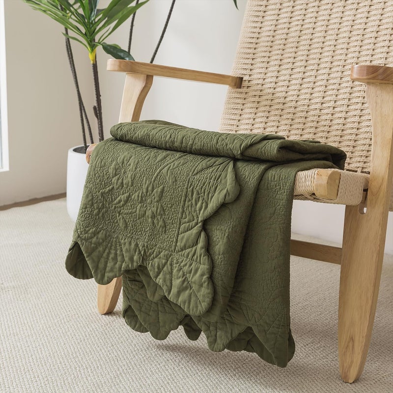 Brandream Olive Green Scalloped Edge Quilt Cotton Quilted Throw Blanket for Bed Couch Daybed 47 X 60 Inch Decorative Throw Blankets - Image 5