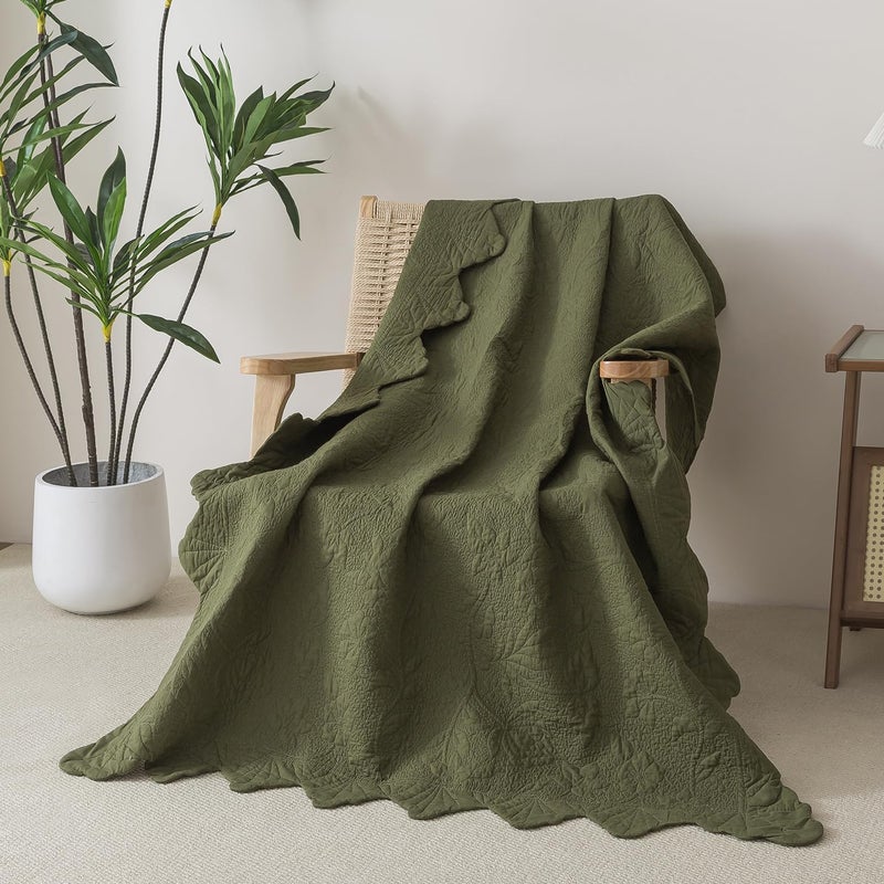 Brandream Olive Green Scalloped Edge Quilt Cotton Quilted Throw Blanket for Bed Couch Daybed 47 X 60 Inch Decorative Throw Blankets - Image 2
