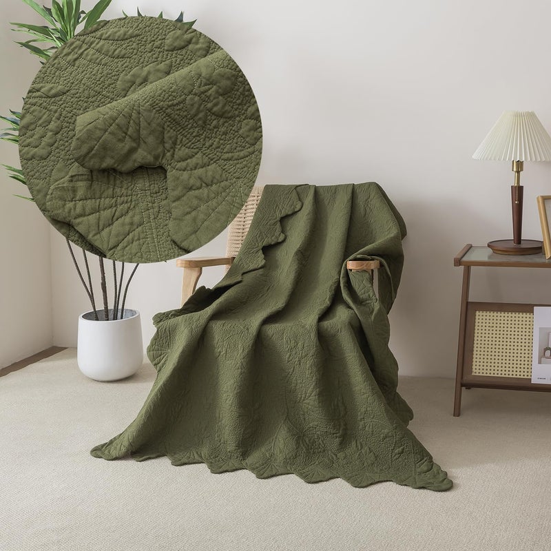 Brandream Olive Green Scalloped Edge Quilt Cotton Quilted Throw Blanket for Bed Couch Daybed 47 X 60 Inch Decorative Throw Blankets - Image 3