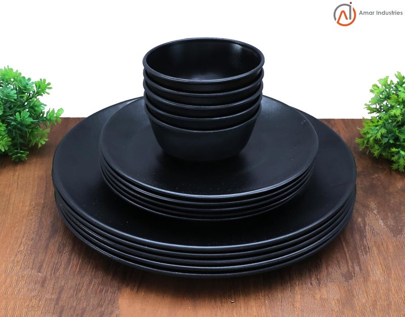Amar Industries Melamine Dinner Set Elegant Unabreakable Matte Black Spiral Design Full Plates Half Plates with Bowl Set of 15 - Image 2