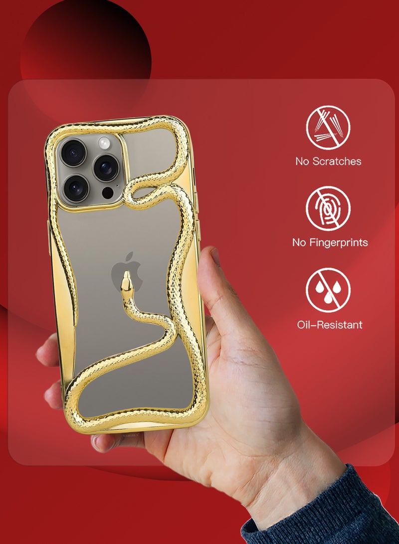 CATANES iPhone 15 Pro Max Case Cover Soft TPU and Glossy with Snake Design - Gold - Image 2