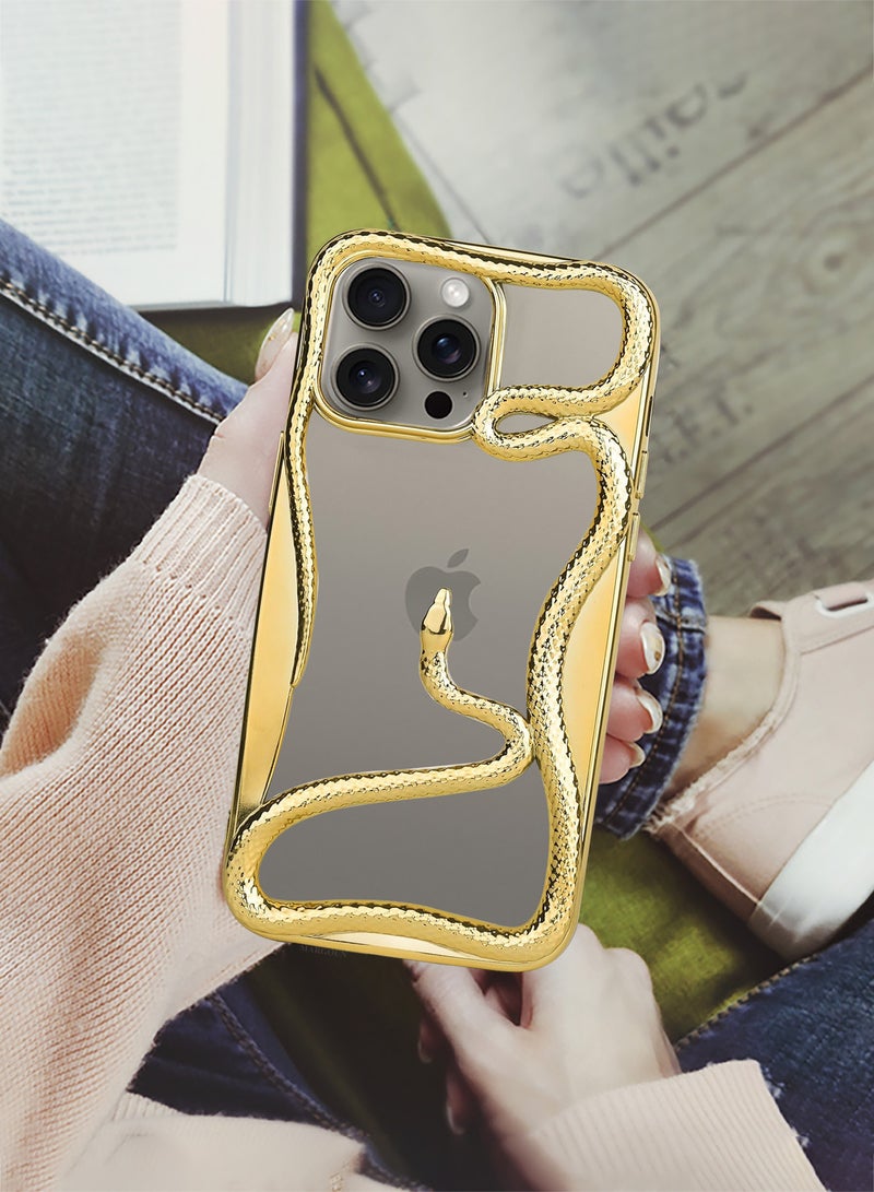 CATANES iPhone 15 Pro Max Case Cover Soft TPU and Glossy with Snake Design - Gold - Image 5