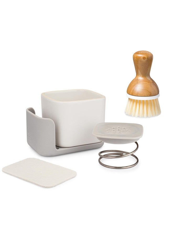 Full Circle Bubble Up Combo - Elegant Gray Ceramic Soap Dish with Eco Sponge & Bamboo-Handled Dish Brush - Versatile Natural Kitchen Cleaning Set Tool for Pots, Pans, Counter & Sink, White - Image 1