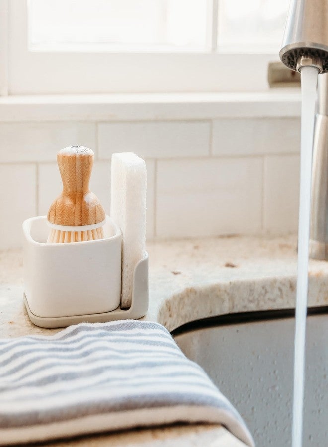 Full Circle Bubble Up Combo - Elegant Gray Ceramic Soap Dish with Eco Sponge & Bamboo-Handled Dish Brush - Versatile Natural Kitchen Cleaning Set Tool for Pots, Pans, Counter & Sink, White - Image 3