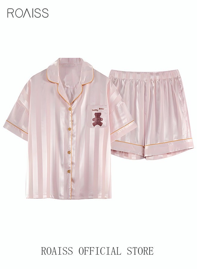 roaiss 2 Piece Pajama Set Women's Short Sleeve Shorts Girls Cute Cartoon Bear Pattern Stripes Sleepwear Sets Ladies Loungewear Soft Home Wearing Clothes Spring Summer Light Pink  - Image 5