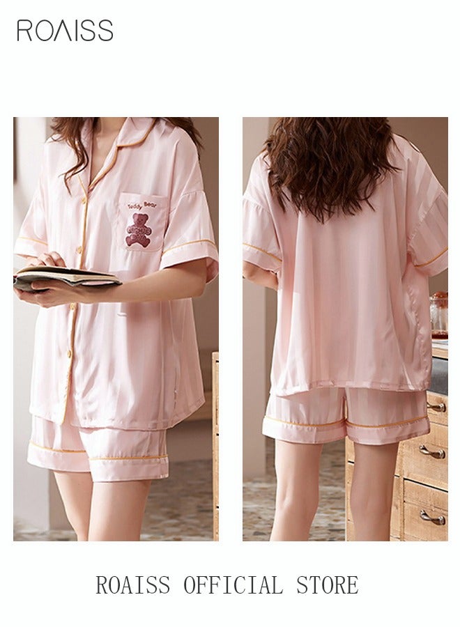 roaiss 2 Piece Pajama Set Women's Short Sleeve Shorts Girls Cute Cartoon Bear Pattern Stripes Sleepwear Sets Ladies Loungewear Soft Home Wearing Clothes Spring Summer Light Pink  - Image 3