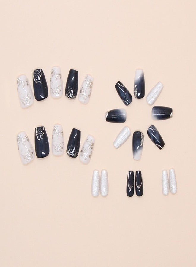 Hrnsnails Nail Press ons, Silver Cat's Eye Press On Nails Medium Coffin Fake Nails with Peach Blossom Print Design, Acrylic Artificial False Nails Press On Stick On Nails for Women - Image 4