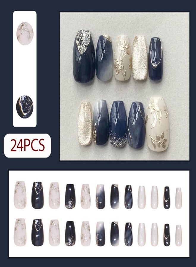 Hrnsnails Nail Press ons, Silver Cat's Eye Press On Nails Medium Coffin Fake Nails with Peach Blossom Print Design, Acrylic Artificial False Nails Press On Stick On Nails for Women - Image 2