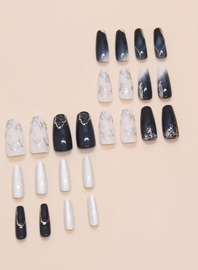 Hrnsnails Nail Press ons, Silver Cat's Eye Press On Nails Medium Coffin Fake Nails with Peach Blossom Print Design, Acrylic Artificial False Nails Press On Stick On Nails for Women - Image 3