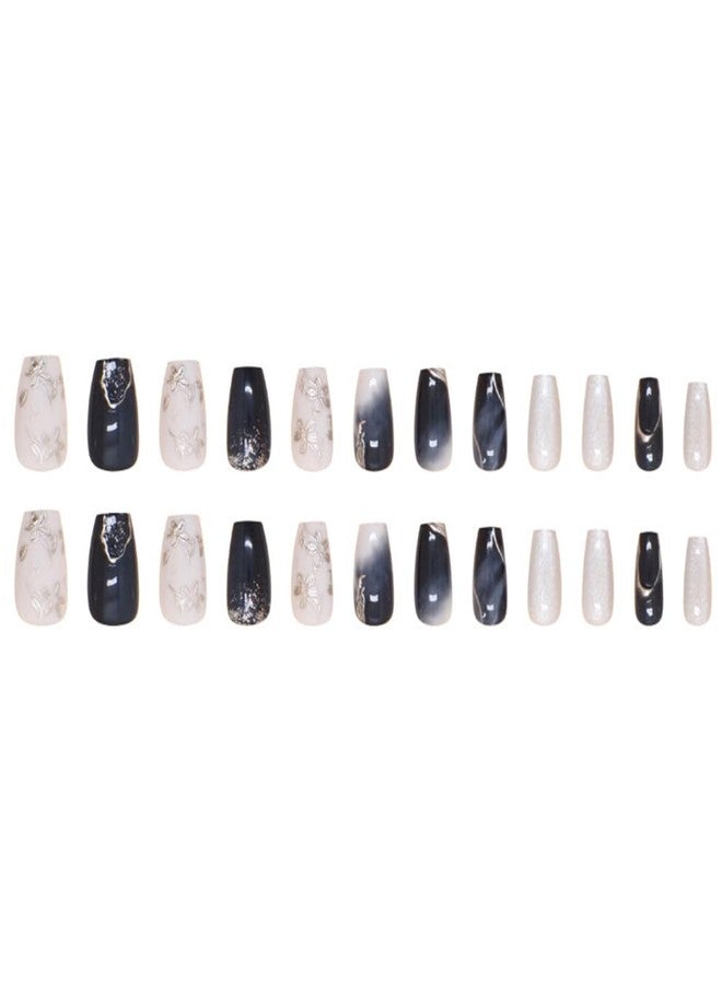 Hrnsnails Nail Press ons, Silver Cat's Eye Press On Nails Medium Coffin Fake Nails with Peach Blossom Print Design, Acrylic Artificial False Nails Press On Stick On Nails for Women - Image 5