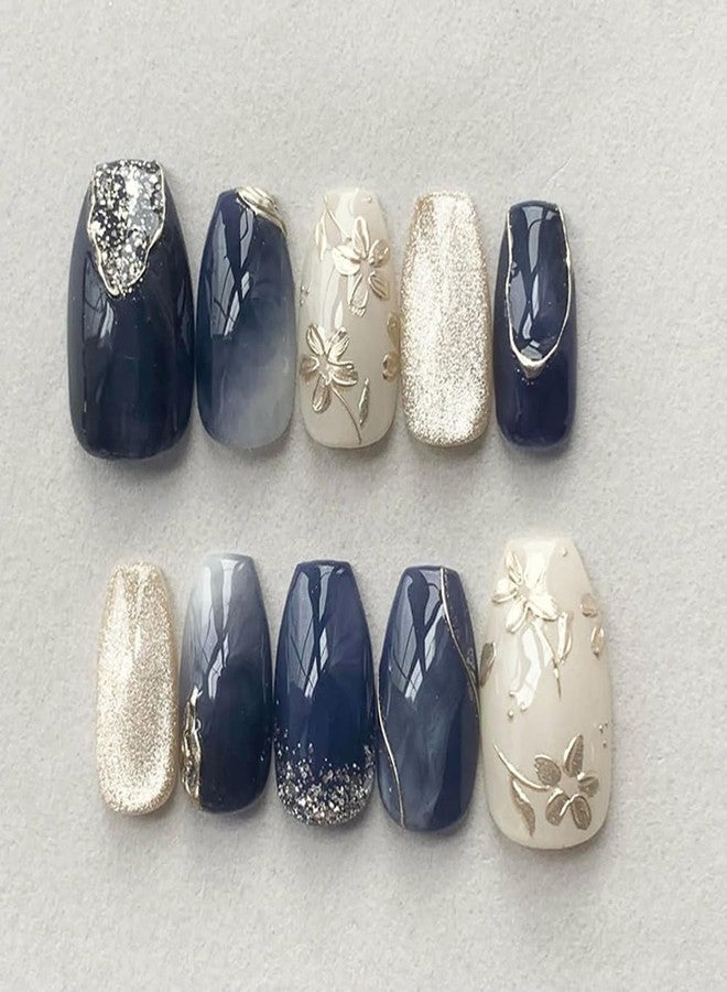 Hrnsnails Nail Press ons, Silver Cat's Eye Press On Nails Medium Coffin Fake Nails with Peach Blossom Print Design, Acrylic Artificial False Nails Press On Stick On Nails for Women - Image 1