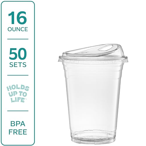 GUSTO Clear Plastic Cups with Lids [20 oz - 50 Count - Disposable Iced Coffee Drink Cups with Strawless Sip Lids for Smoothies, Juices, and More - Formerly Comfy Package - Image 2