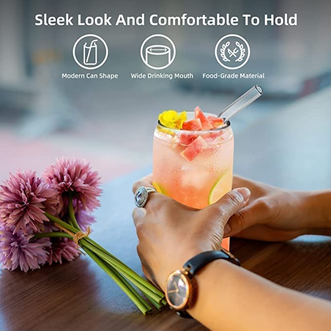 WEZOSHINET WEZOSHINET Ice Juice Drinks Glass Printed Can Mug with Straw for MilkCoffeeGreen Tea Cup 510ml Transparent Printed Can Shape Glass Cup Pack of 1 - Image 3