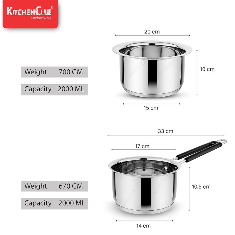 KITCHEN CLUE Stainless Steel Cokkware Set Without Lids (Tope 2000 ML + Saucepan 2000 ML) Tri-Ply Base Kitchen Cookware - Induction & Gast Stove Compatible - Highly Durable & Smooth Edges - Safe To use - Image 4