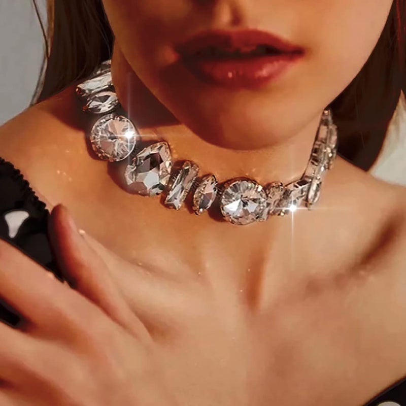 JONKY Rhinestone Choker Necklace Silver Big Diamond Jewelry for Women - Image 3