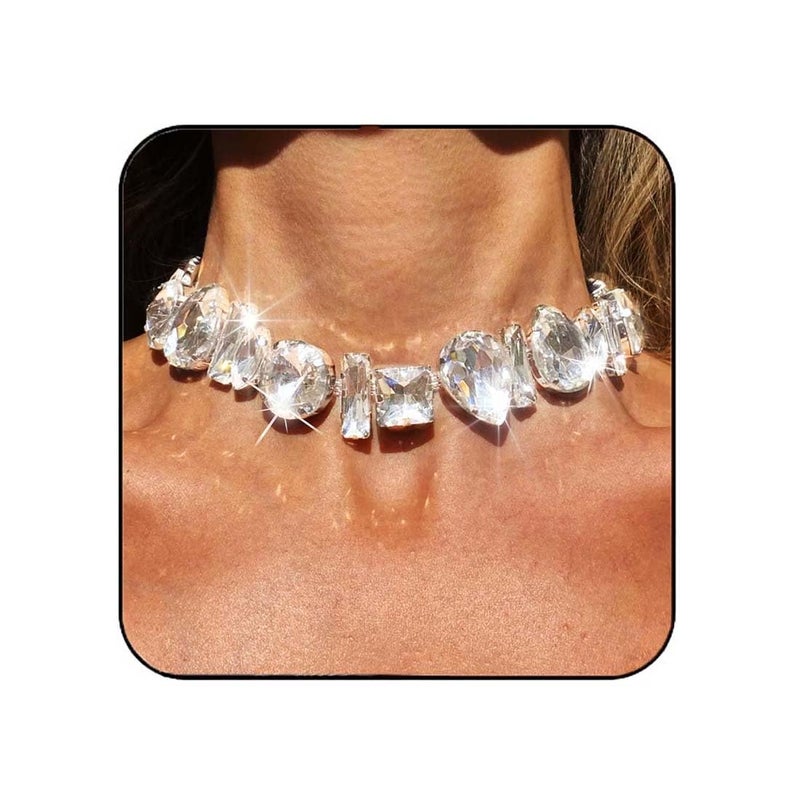 JONKY Rhinestone Choker Necklace Silver Big Diamond Jewelry for Women - Image 1