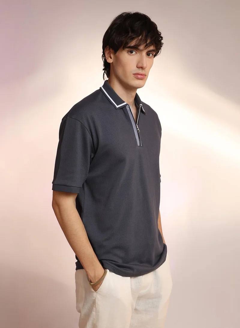 Men's Charcoal Grey Micro-Waffle Polo T-Shirt