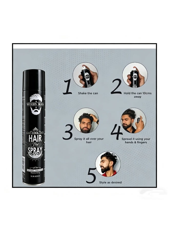 وودز مان WOODS MAN Cool Hair Spray - Natural Firm Hold، تركيبة مرطبة، 420 مل | تصفيف طويل الأمد للرجال | جميع أنواع الشعر - Image 3