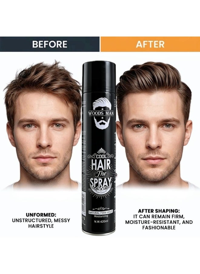 وودز مان WOODS MAN Cool Hair Spray - Natural Firm Hold، تركيبة مرطبة، 420 مل | تصفيف طويل الأمد للرجال | جميع أنواع الشعر - Image 4