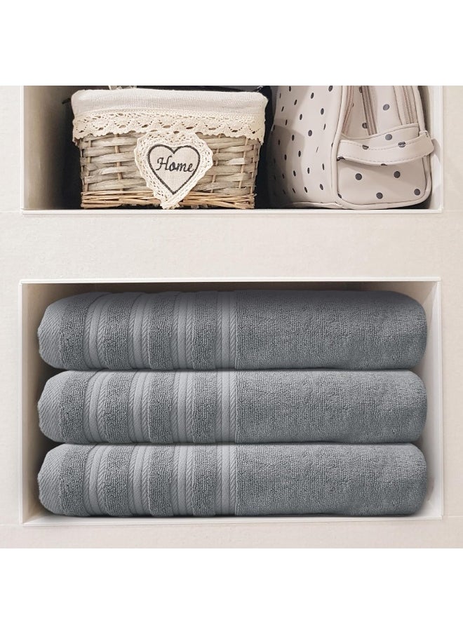 Hotel Linen Klub Hotel Linen Klub PACK of 3 Bath Towel - 100% Cotton 600 GSM Terry, Super Soft Quick Dry Highly Absorbent Dobby Border Ring Spun, Size: 70 x 140cm, Silver  - Image 3
