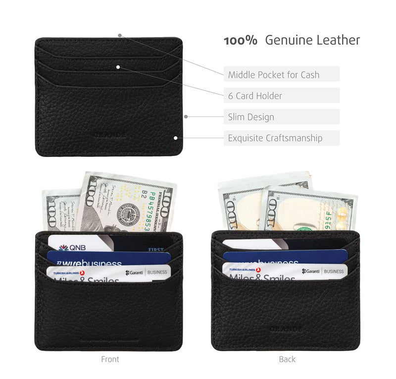 grande 3633 Genuine Leather Card Holder For Women and Men Super Slim Minimalist Small Snap Wallet (Black) - Image 3