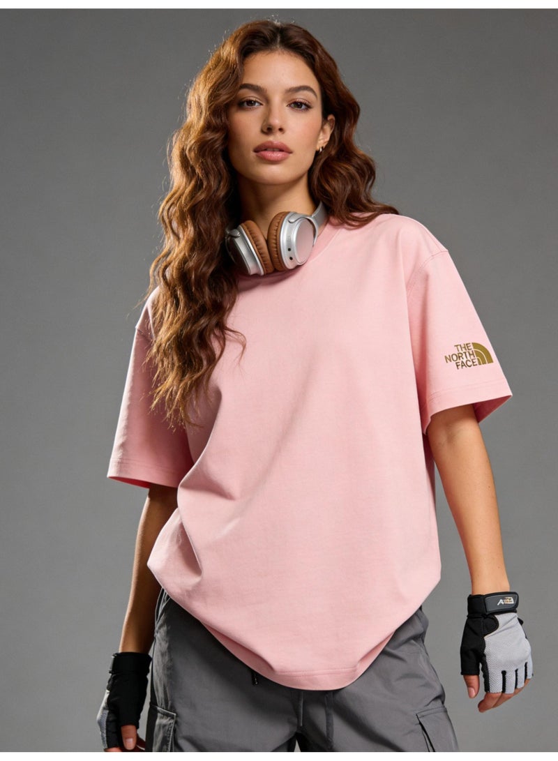 THE NORTH FACE Men's and women's T-shirts with the same style in the north face, high-grade cotton loose short sleeves with golden logo, retro street clothes for men and women. - Image 1