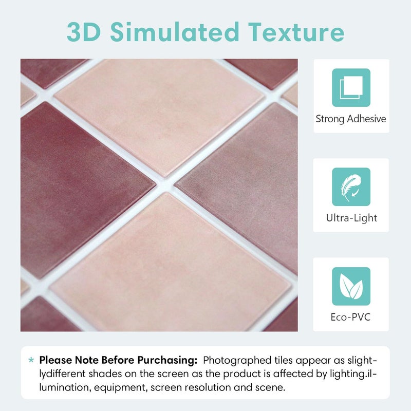 Commomy 10 Pcs Matte 3D Peel and Stick Tile 11.8"x11.8" Ultralight PVC Square Peel and Stick Backsplash for Kitchen Stick on Tiles for Bathroom,Living Room,Fireplace,Interior Wall Decor,Dusty Rose - Image 3
