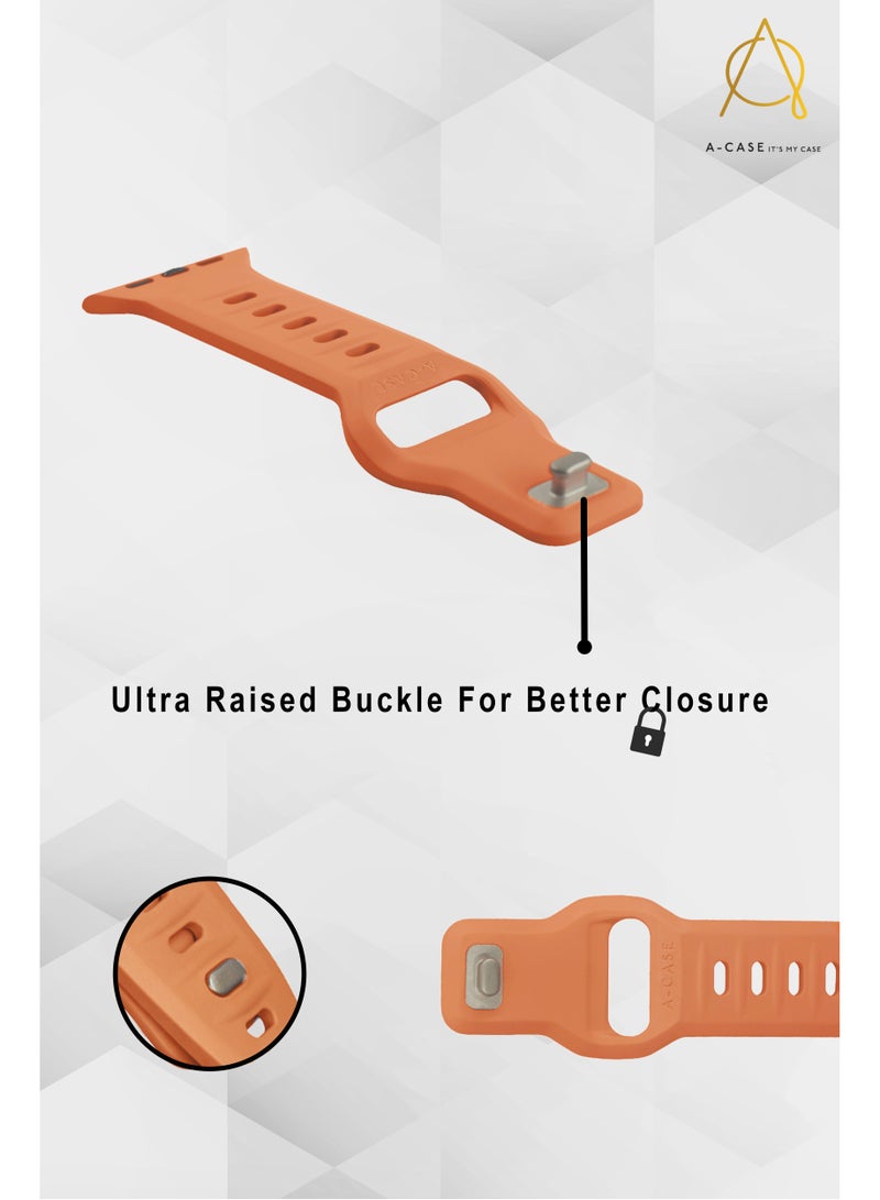 A-Case Series Amasra Compatible with Apple watch series 42/44/45/49mm Silicone Band Patented bidirectional connectors Strong magnetic attachment for easy length adjustment and secure fit Soft UV treated FKM SILICONE for lasting smooth finish Waterproof and washable - Orange - Image 5