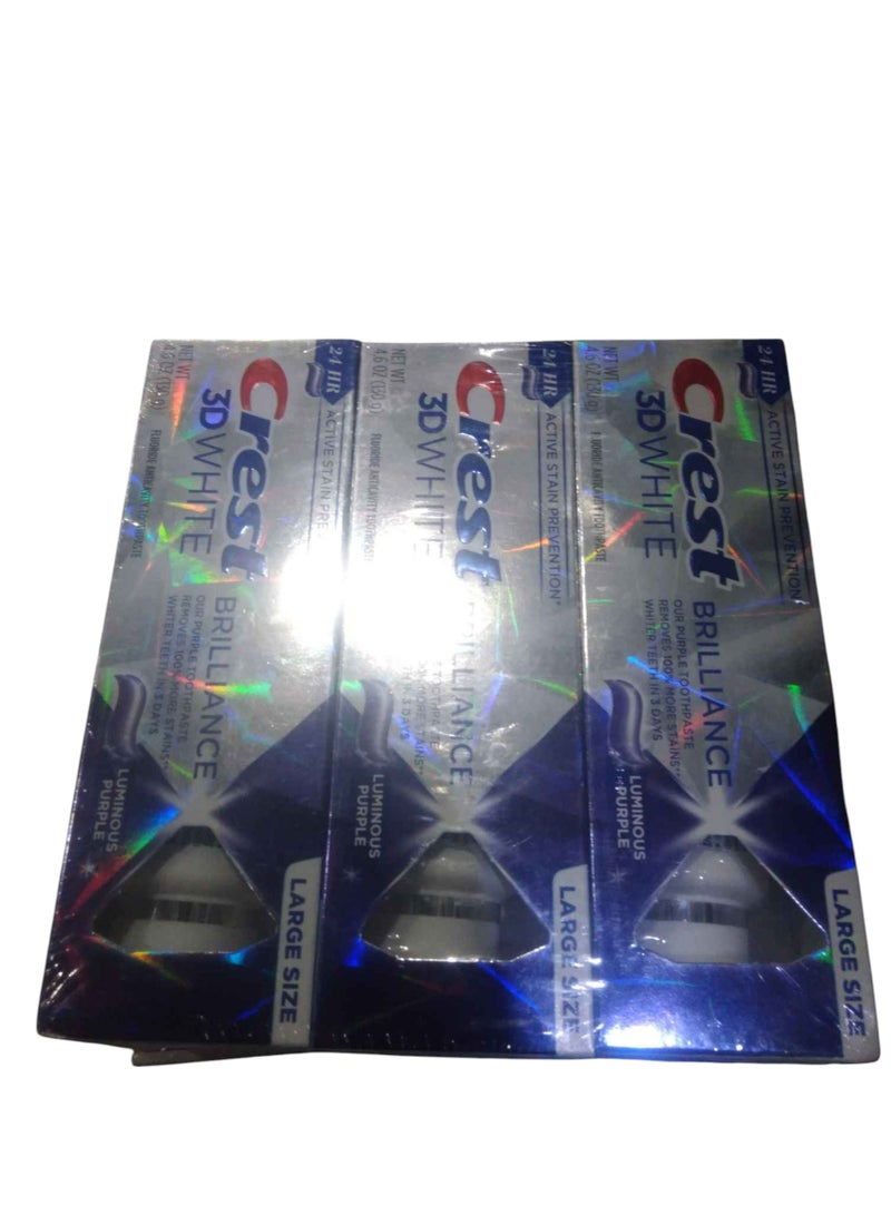 Crest 3D White Brilliance Luminous Purple Teeth Whitening Toothpaste, 4.6 oz Pack of 3, Anticavity Fluoride Toothpaste, Fights 100% More Surface Stains, 24 Hour Active Stain Prevention