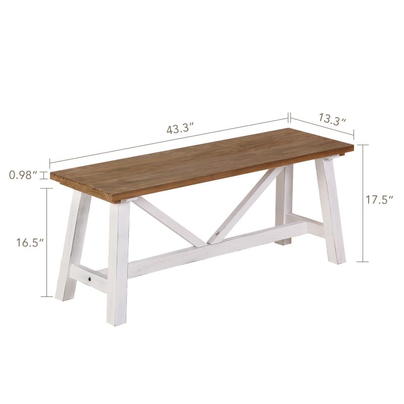 Wnutrees 43" Farmhouse Wood Bench, Narrow Bench, Long Bench Seat for Entryway, Living Room, Dining Room, Solid Wood, White - Image 4