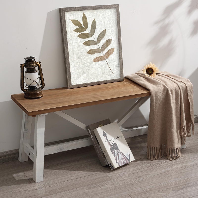 Wnutrees 43" Farmhouse Wood Bench, Narrow Bench, Long Bench Seat for Entryway, Living Room, Dining Room, Solid Wood, White - Image 1