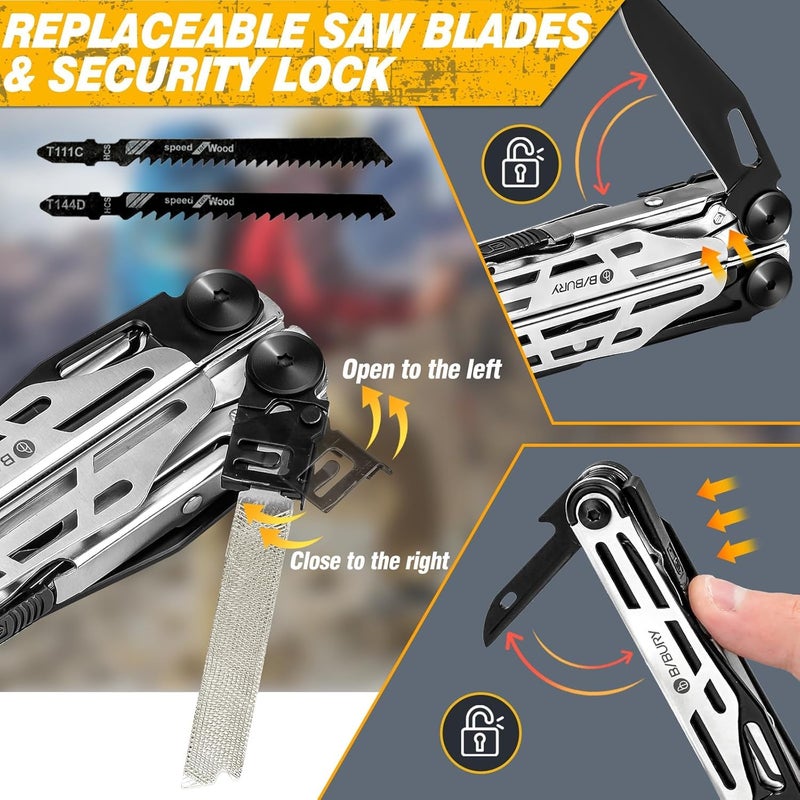 BIBURY Multitool Pliers Pro BI2045, Stainless Steel 31-in-1 Multi Tool Pliers with Replaceable Wire Cutters and Saw,Foldable Multitools with Scissors and Screwdriver, Ideal for Camping,Survival,Repair - Image 3