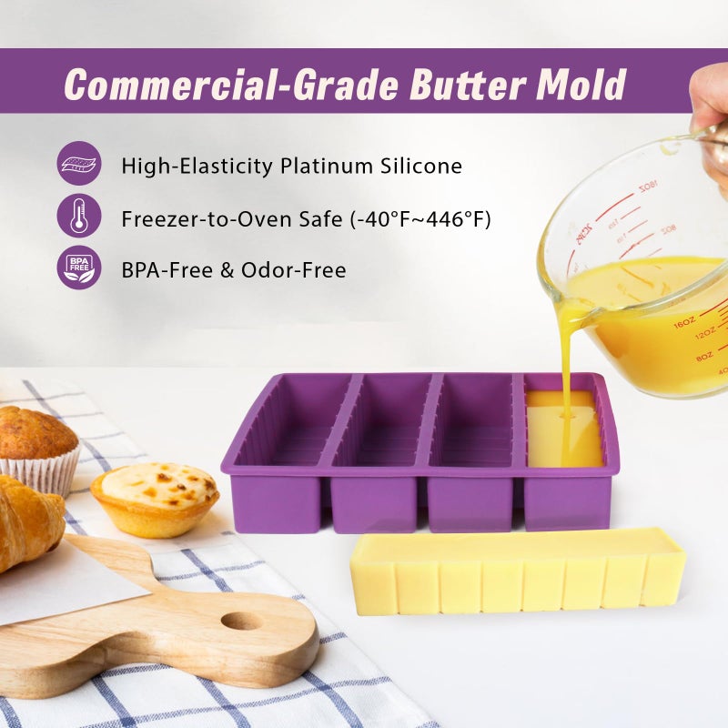 Ptalniy Silicone Butter Molds with Lid & Spatulas - Large Cavity, Non-Stick Homemade Butter Making Mold, Reusable & Easy to Clean, with Tablespoon Marking Lines, Purple - Image 2